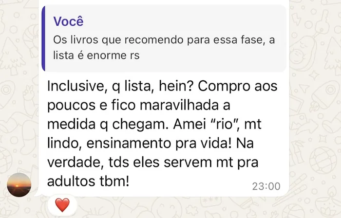 Mensagem recebida no WhatsApp sobre a lista de livros indicados: “Q lista, hein? Compro aos poucos e fico maravilhada à medida que chegam. Amei ‘rio’, muito lindo, ensinamento pra vida! Na verdade, todos eles servem muito para adultos também!”